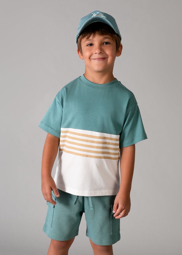 Boys’ three‑piece summer set with sky‑blue tee, teal striped tee, and matching teal shorts with buttoned pocket.