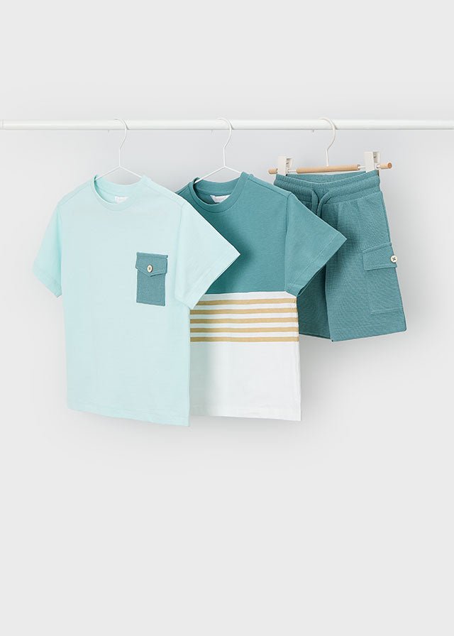 Boys’ three‑piece summer set with sky‑blue tee, teal striped tee, and matching teal shorts with buttoned pocket.