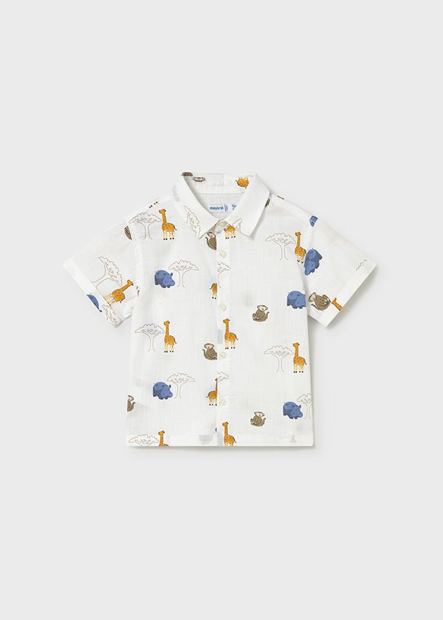 Mayoral short sleeve cream button up shirt with simple safari animal print.