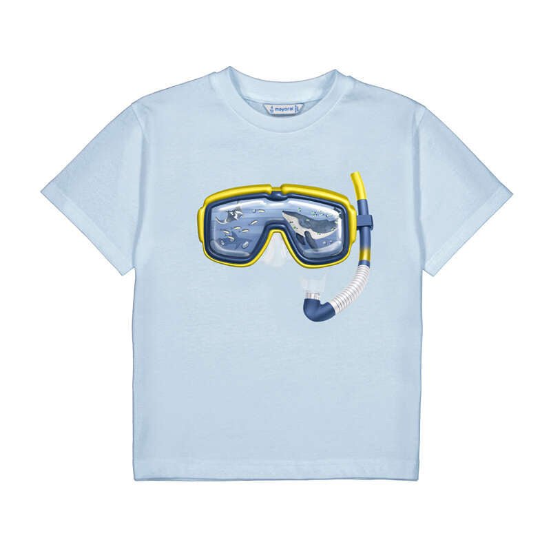 Mayoral sky blue short sleeve t-shirt with round neck with snorkel and shark print 