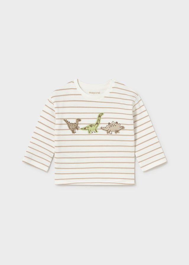 Baby Boy mole‑striped long sleeve T‑shirt with dinosaur embroidery and shoulder popper.