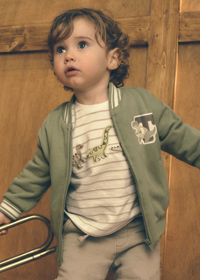 Baby Boy mole‑striped long sleeve T‑shirt with dinosaur embroidery and shoulder popper.