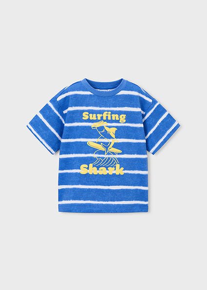 Blue and white striped t-shirt with 'Surfing Shark' text and graphics on a light gray background
