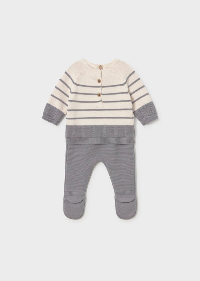 Mayoral baby boy knit leg warmer set in ash — striped cotton sweater with matching footie bottoms.