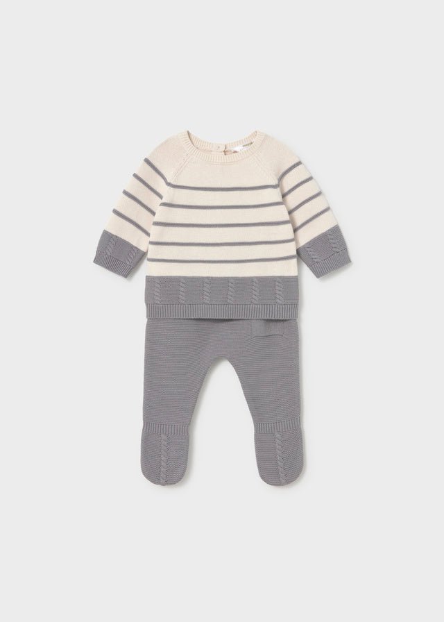 Mayoral baby boy knit leg warmer set in ash — striped cotton sweater with matching footie bottoms.