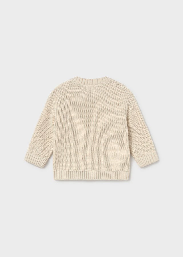 A cream-colored ribbed knit sweater shown from the back, featuring long sleeves and a crew neck, laid flat against a light gray background.