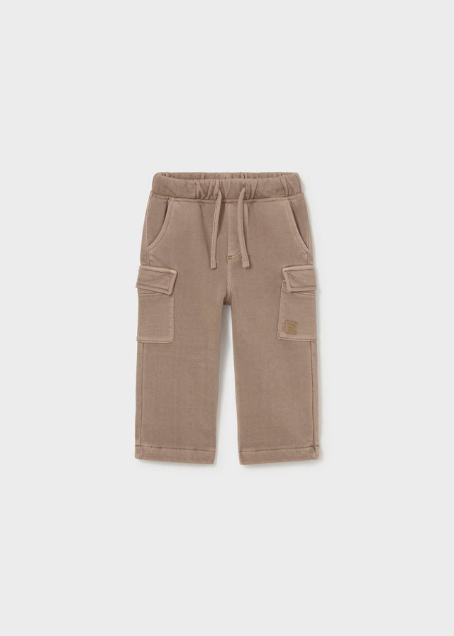 Baby boy knit cargo trousers in Truffle with elastic waistband and side pockets.