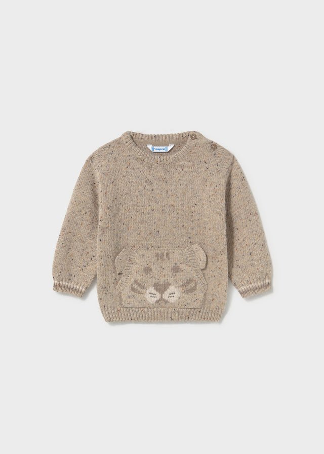 Baby Boy tweed knit sweater with cheerful face motif on the front.