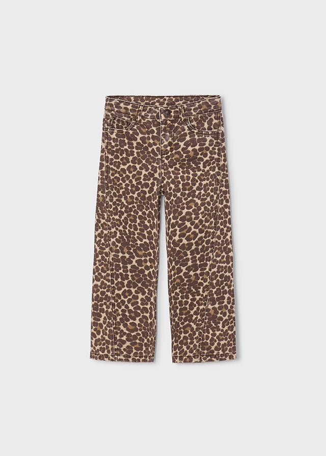 Chestnut twill wide‑leg trousers with leopard print pattern, pockets and belt loops, Style 16‑04519‑050.