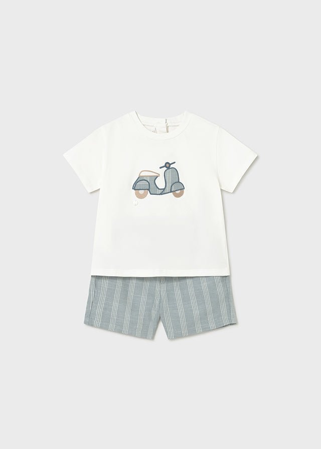 Mayoral jade and white shorts and t-shirt set / Bermuda set with Vespa scooter design on the t-shirt and stripe shorts.