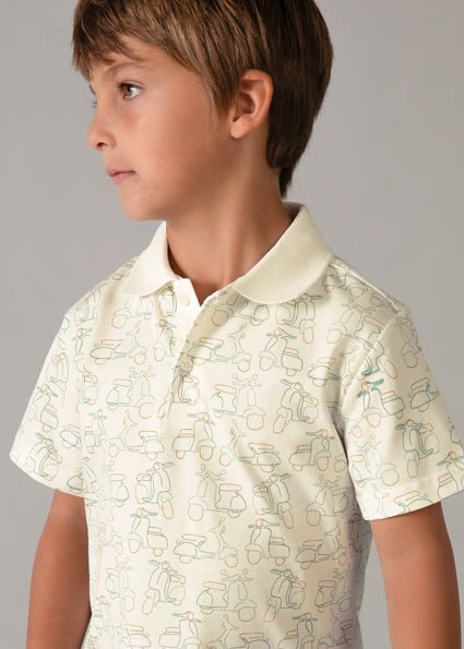 Mayoral cream polo shirt, with beige and green line drawing vespa print.