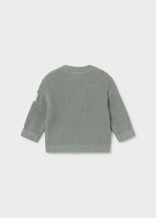 A light sage green ribbed knit sweater shown from the back, featuring a crew neck and long sleeves, photographed against a neutral light gray background.