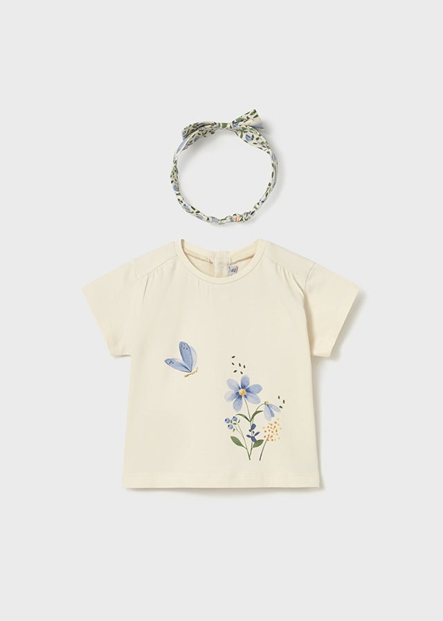 Mayoral Beige t-shirt with floral design and headband on a white background