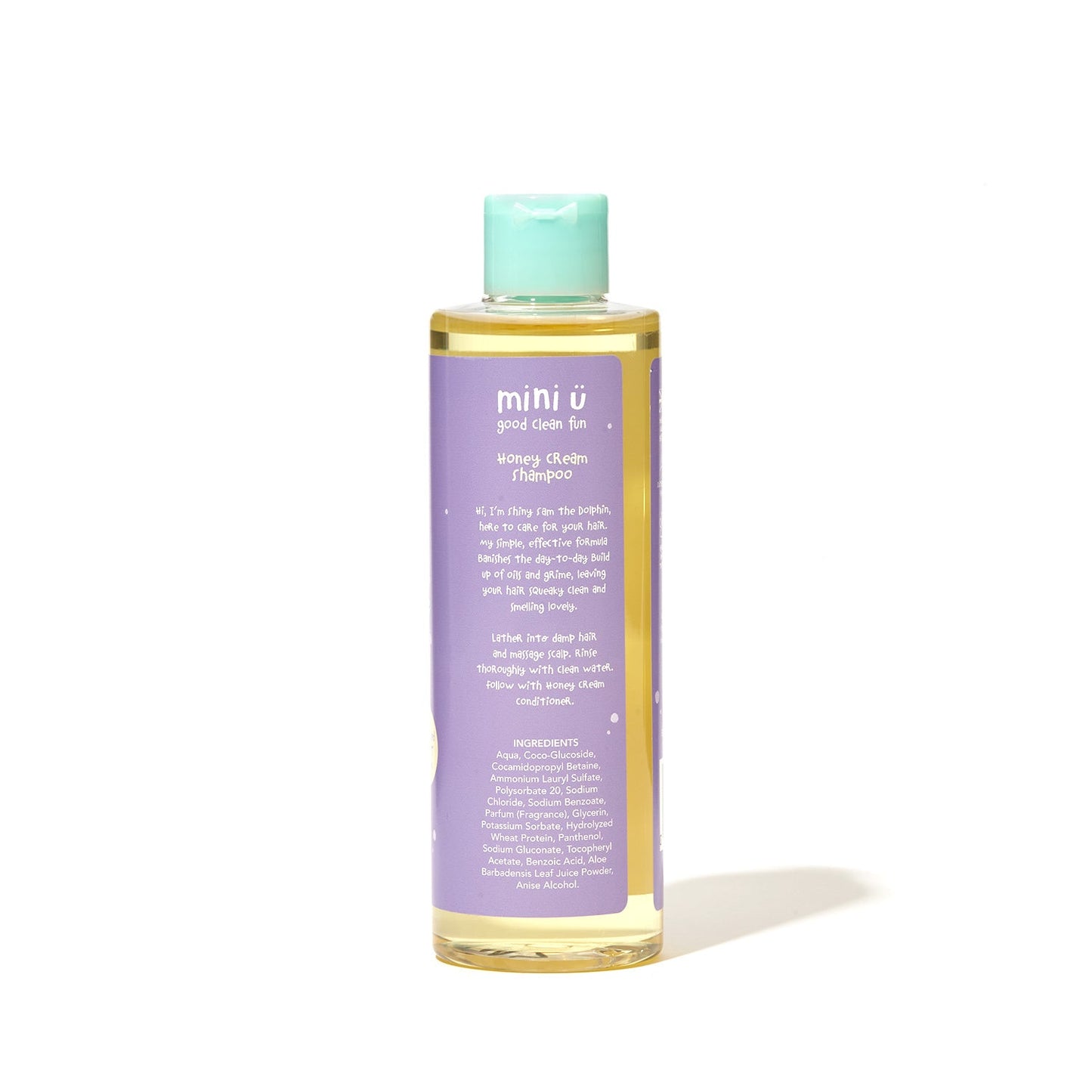 Bottle of Mini U Honey Cream Shampoo featuring Shiny Sam the Dolphin, a gentle children’s shampoo designed for soft, clean, newborn‑safe hair.