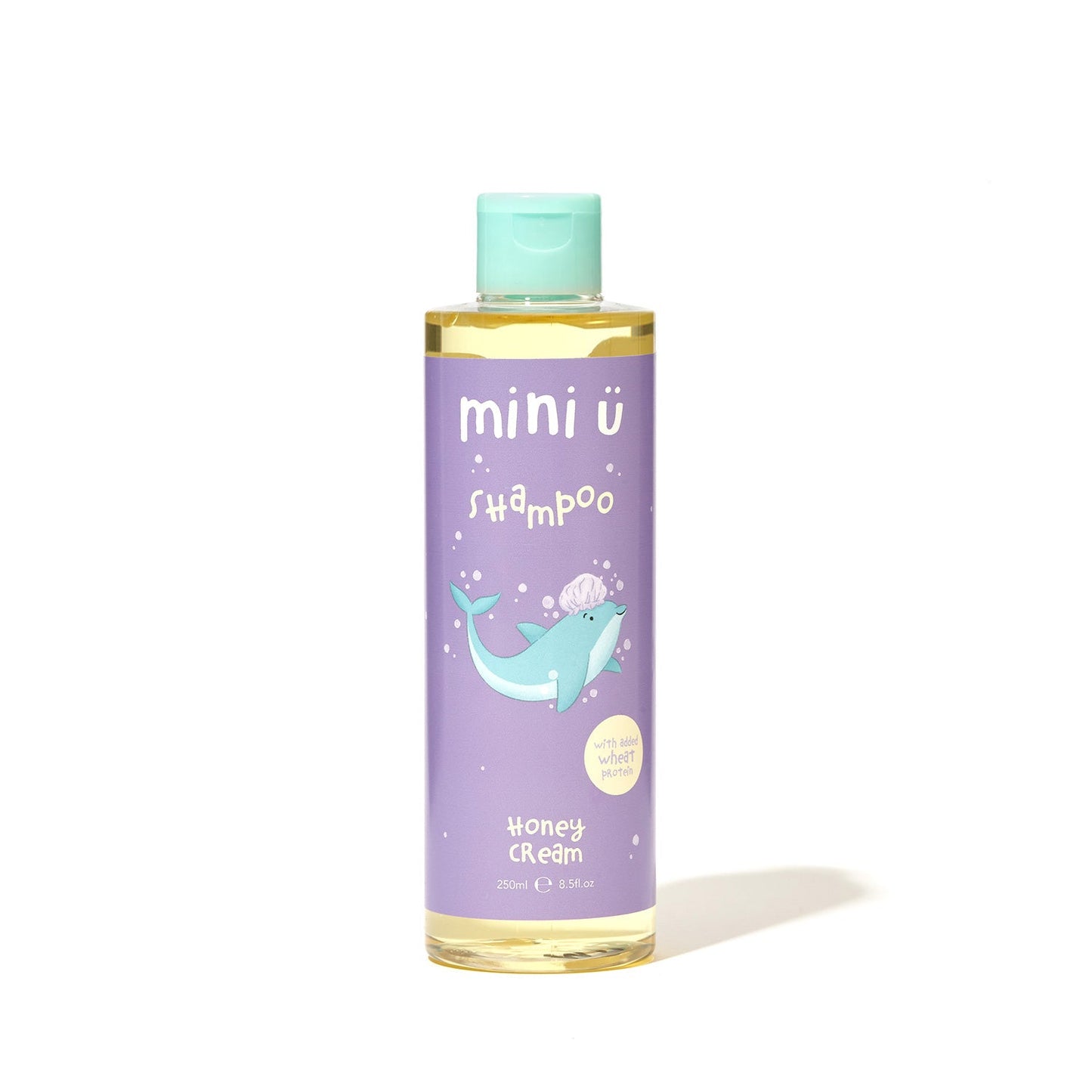 Bottle of Mini U Honey Cream Shampoo featuring Shiny Sam the Dolphin, a gentle children’s shampoo designed for soft, clean, newborn‑safe hair.