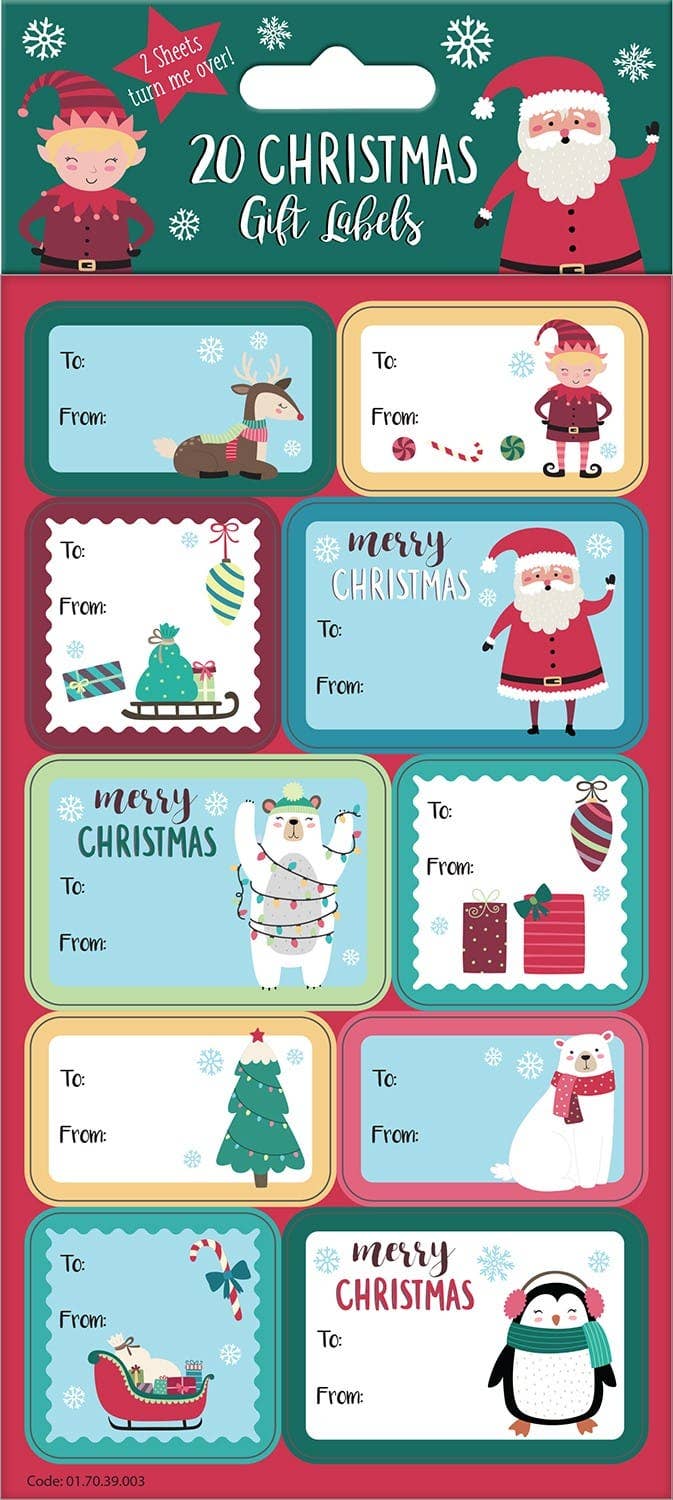 Set of Christmas gift labels with Santa Claus, reindeer, and penguin designs on a red card.