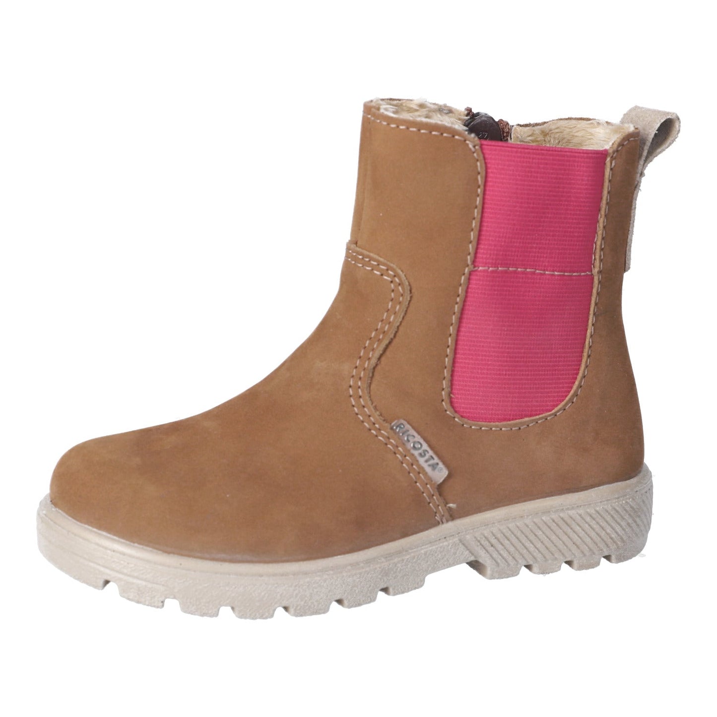 Brown boot with pink patch on a white background