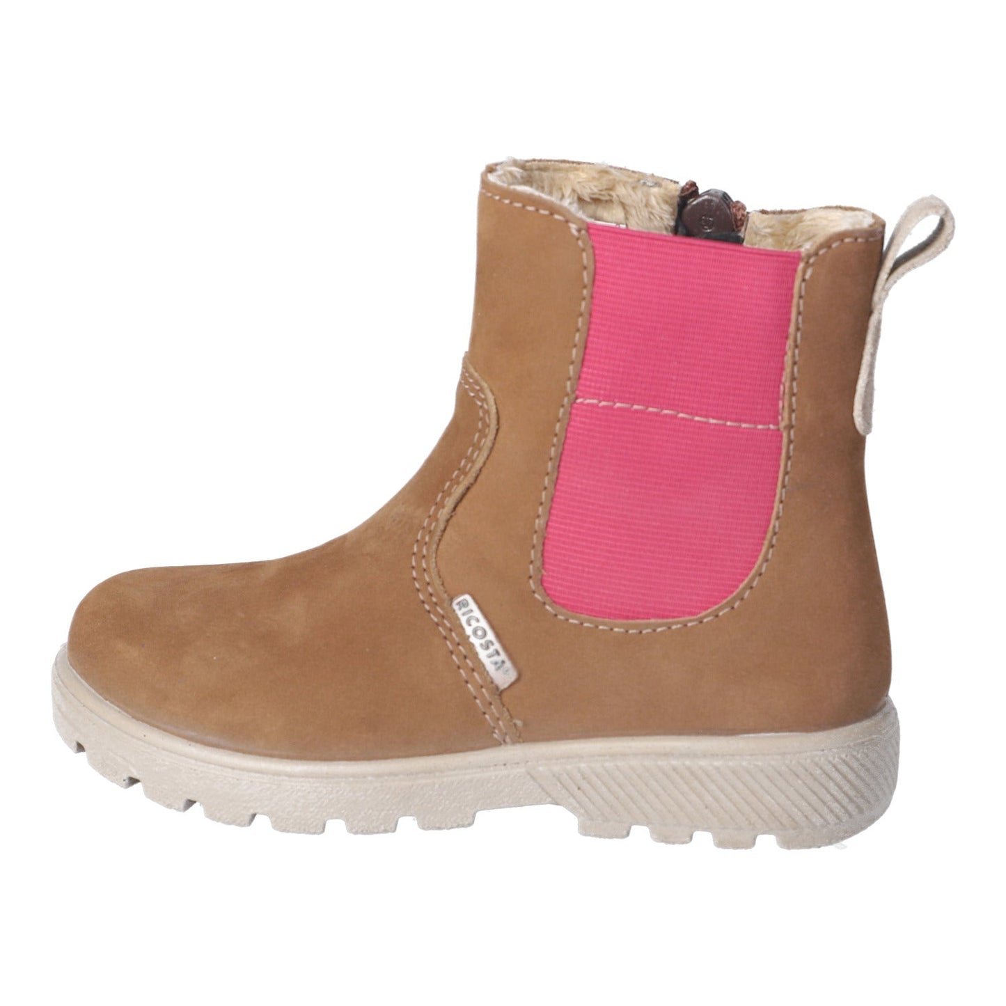 Brown boot with pink patch on a white background
