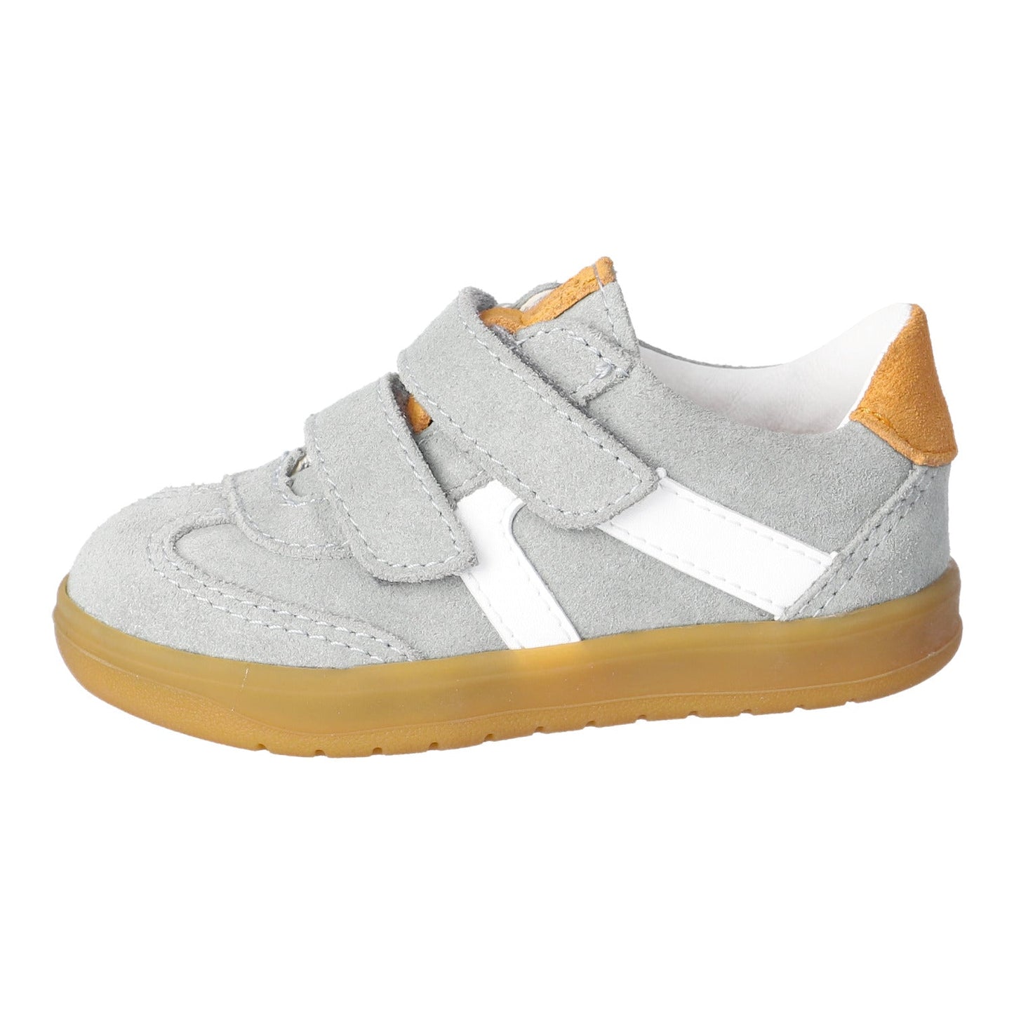 Ricosta Pepino Dakota sneaker in River/Weis (light grey and white) with leather upper, lining and insole and two velcro fastening straps. 
