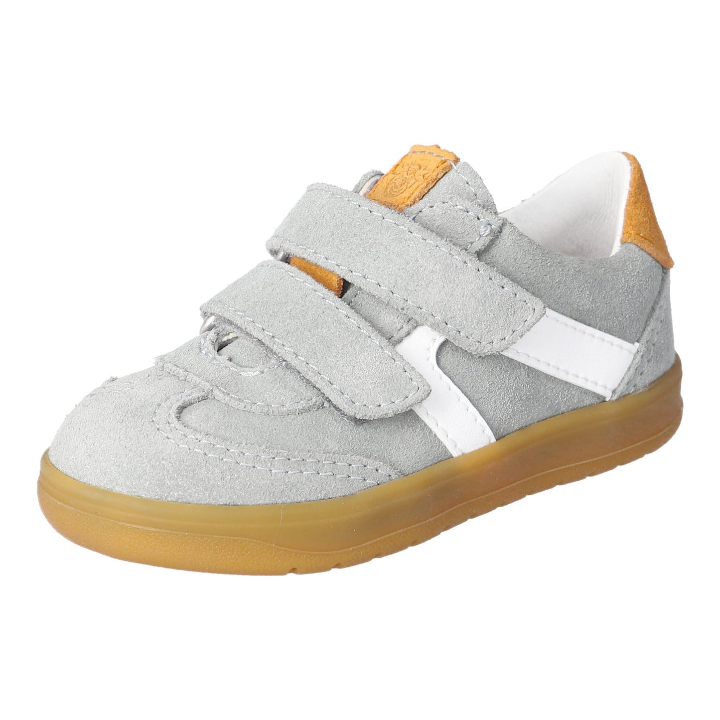 Ricosta Pepino Dakota sneaker in River/Weis (light grey and white) with leather upper, lining and insole and two velcro fastening straps. 


