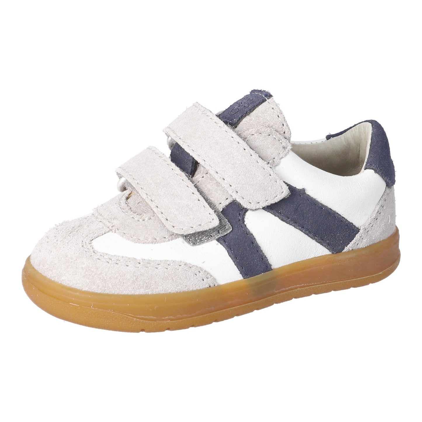 Ricosta Pepino Dakota in stein/weiss/blau (Grey, white, black) summer sneaker with leather upper and Velcro fastening, and rubber pu felxible sole.

