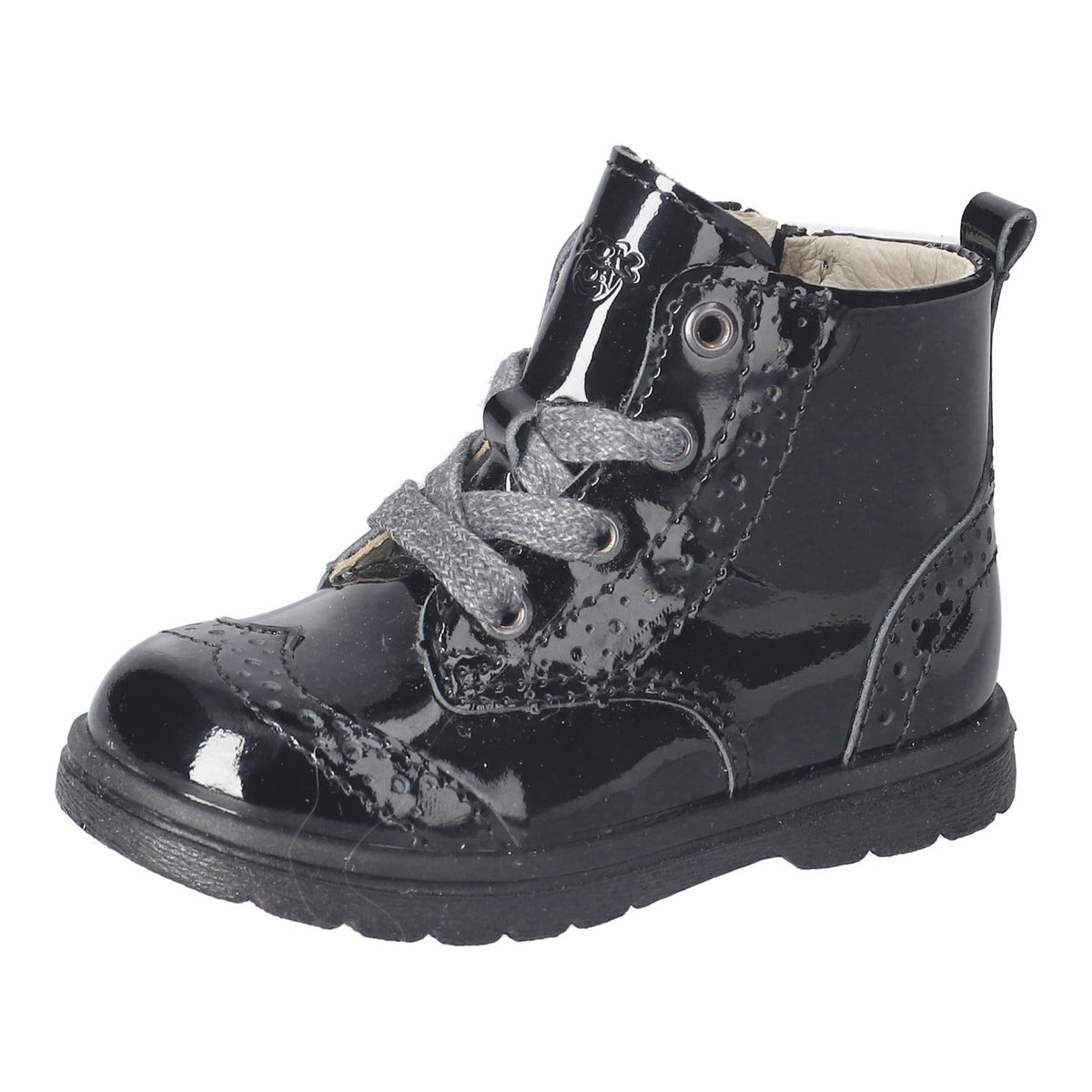 Black patent Ricosta children’s boot with brogue detailing, leather lining, Vildona insole, lace‑up fastening and flexible sole.