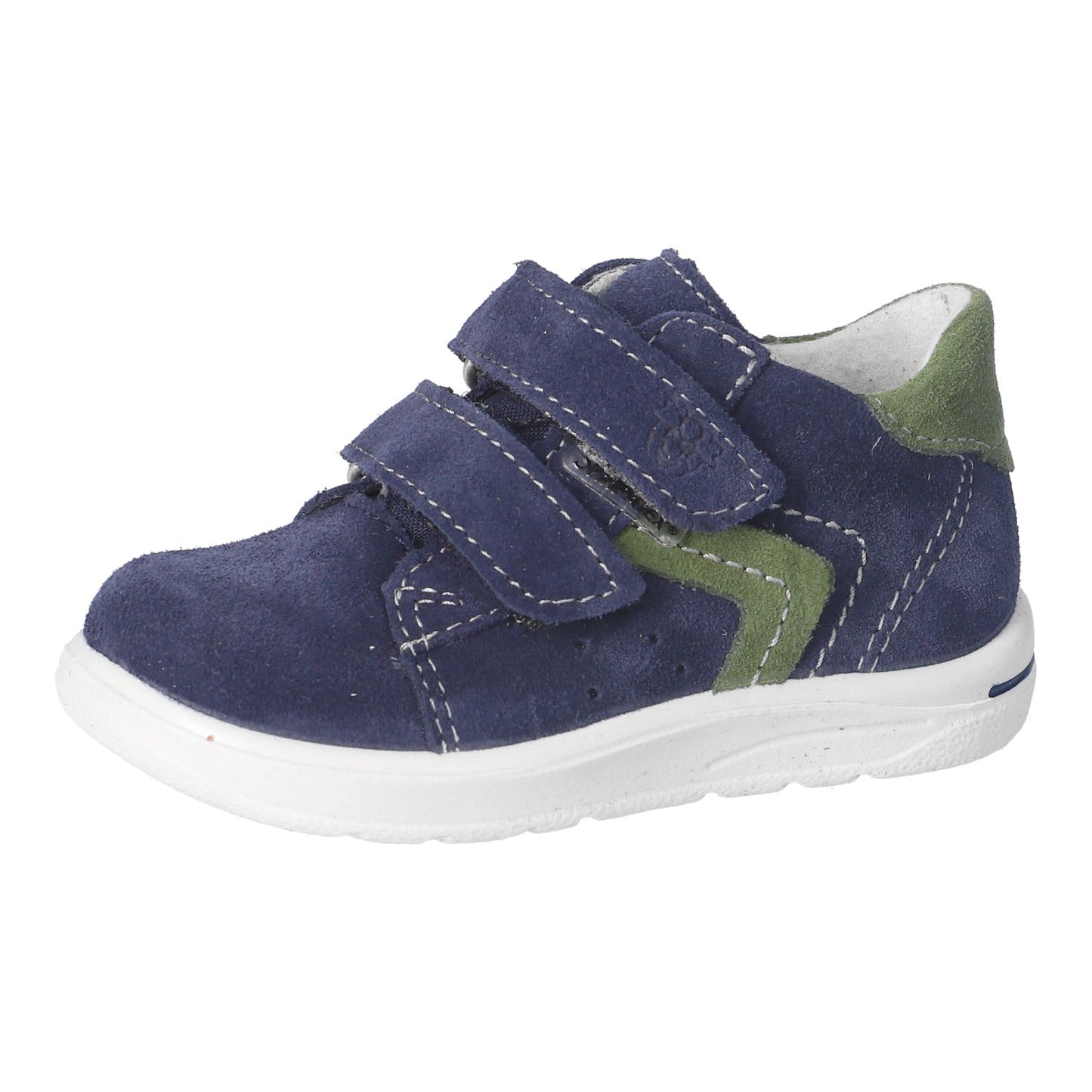 Navy blue children's shoe with green accents on a white background