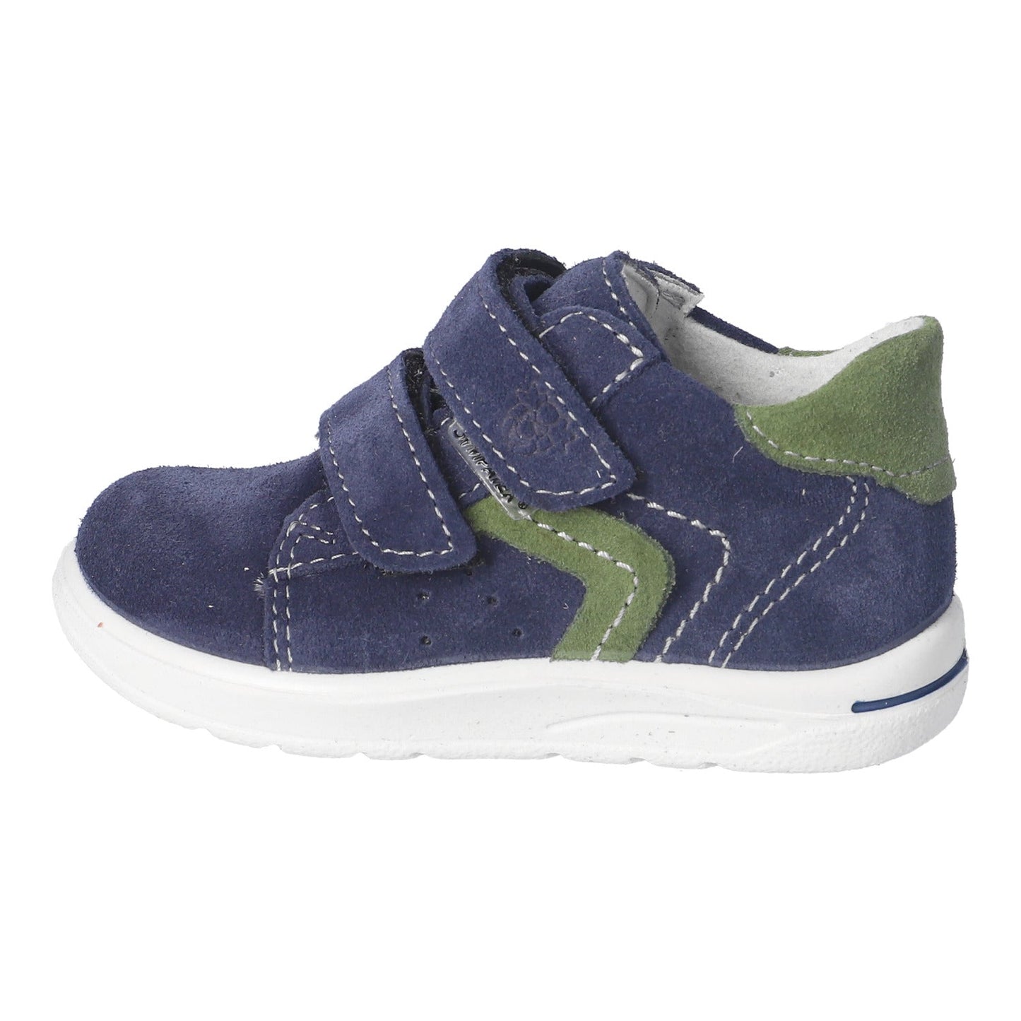 Blue children's shoe with green accents on a white background