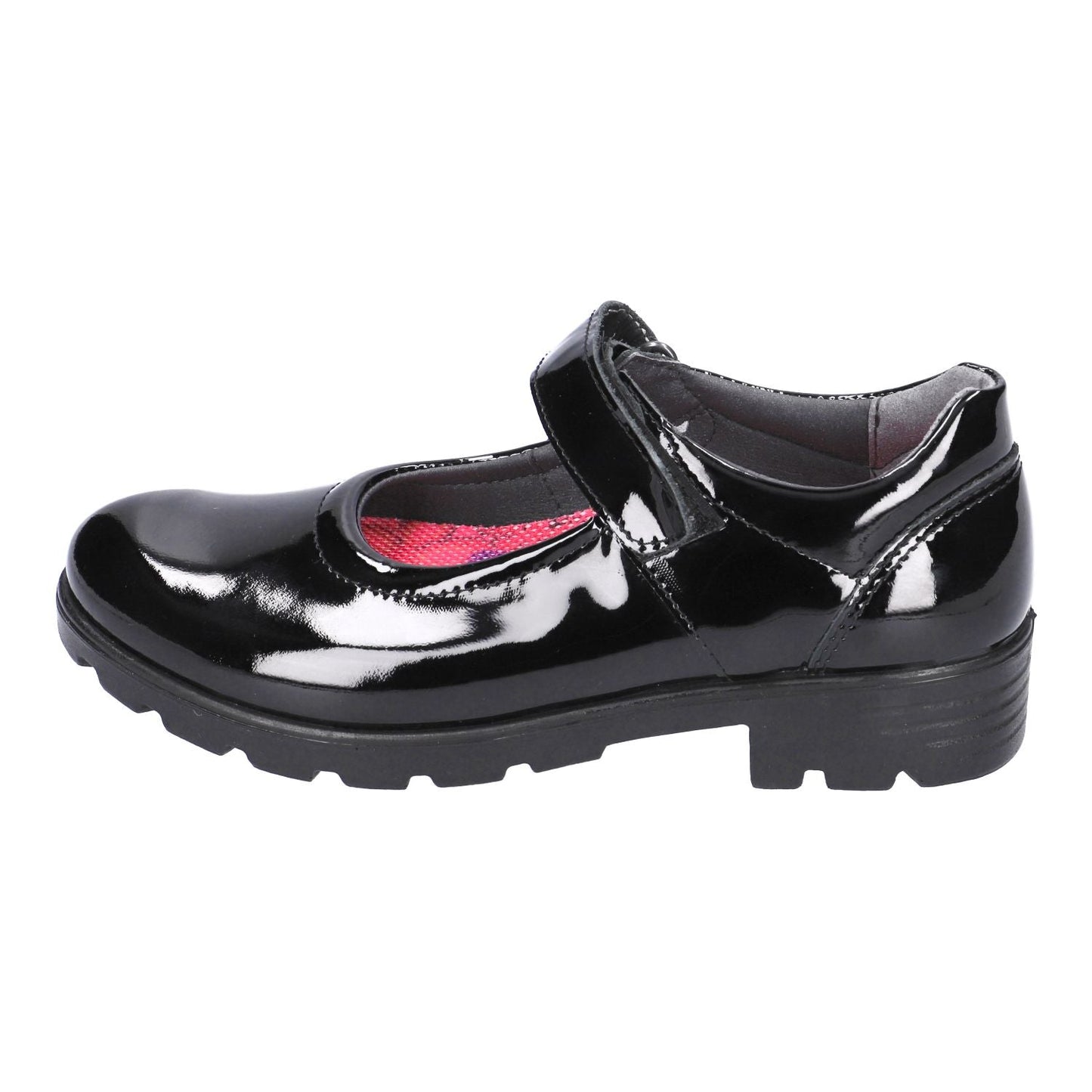 Black patent Ricosta Nora girls’ Mary‑Jane school shoe with hook‑and‑loop strap and flexible sole.
