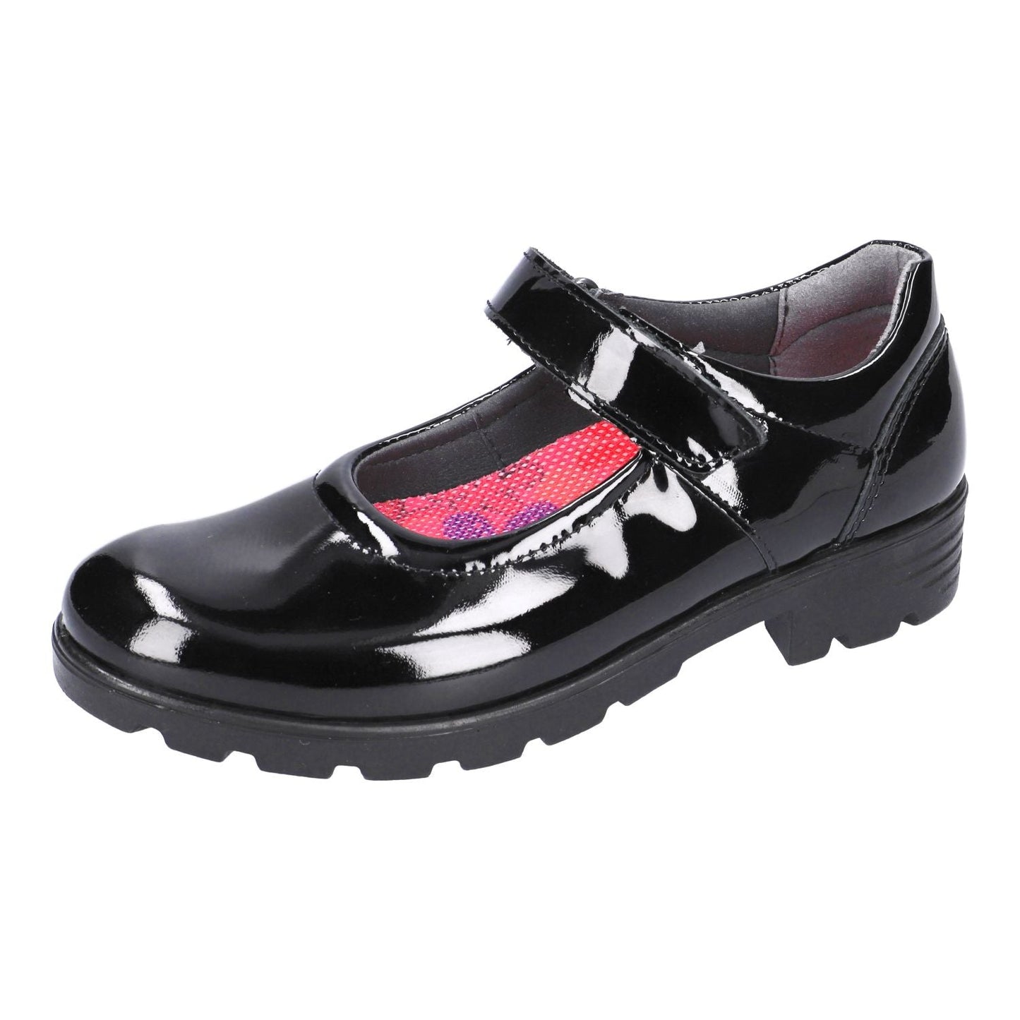Black patent Ricosta Nora girls’ Mary‑Jane school shoe with hook‑and‑loop strap and flexible sole.