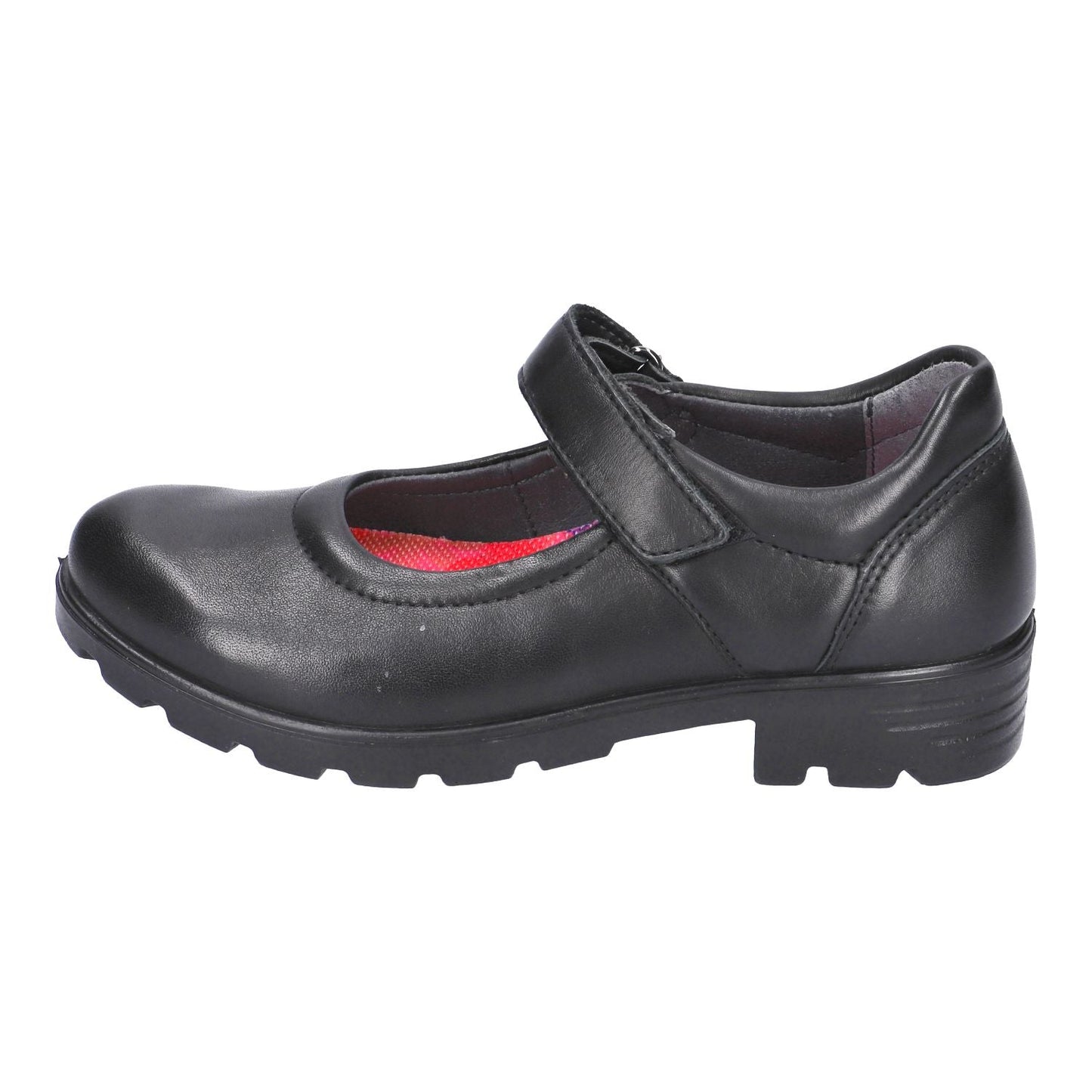 Black leather Ricosta Nora girls’ Mary‑Jane school shoe with hook‑and‑loop strap and flexible sole.