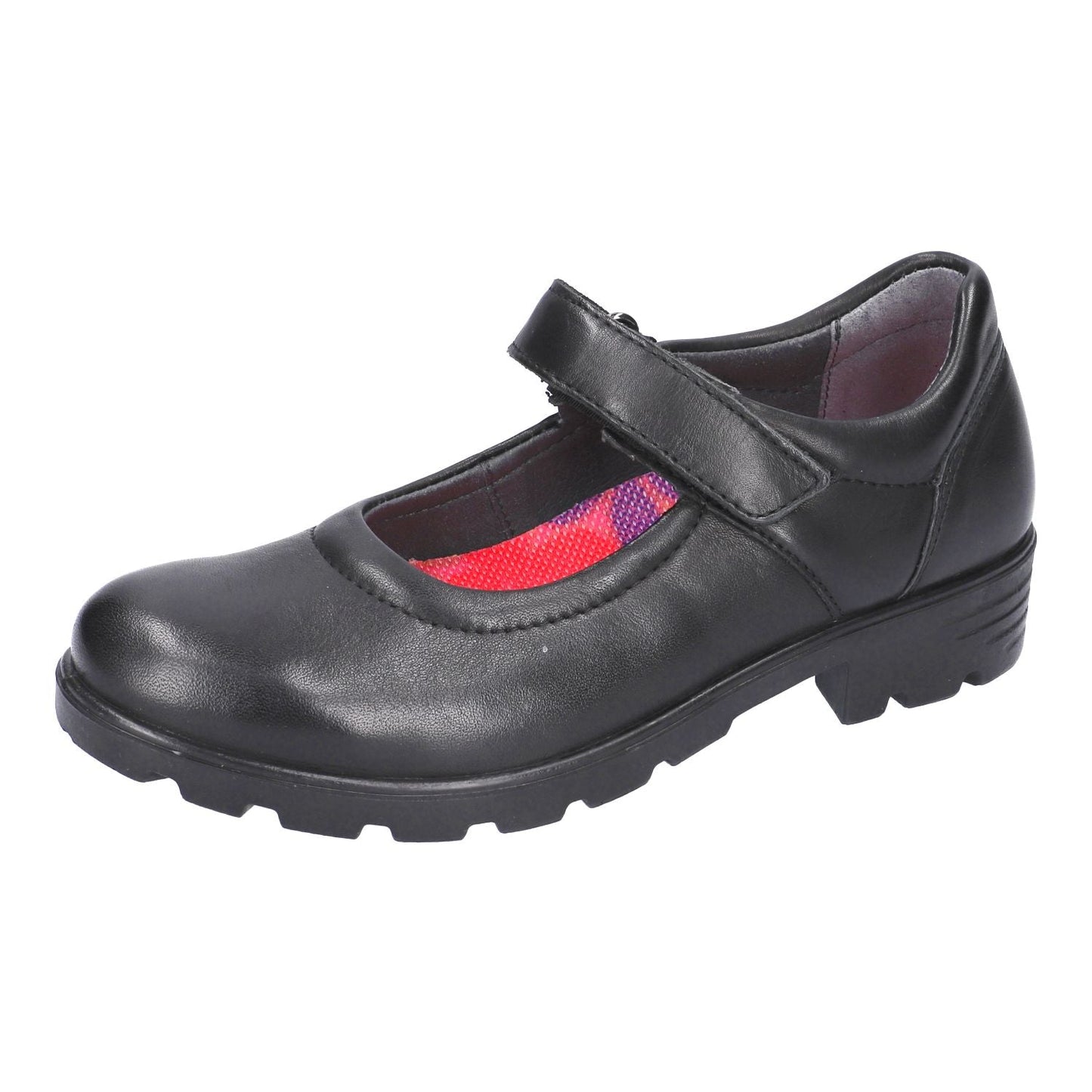 Black leather Ricosta Nora girls’ Mary‑Jane school shoe with hook‑and‑loop strap and flexible sole.