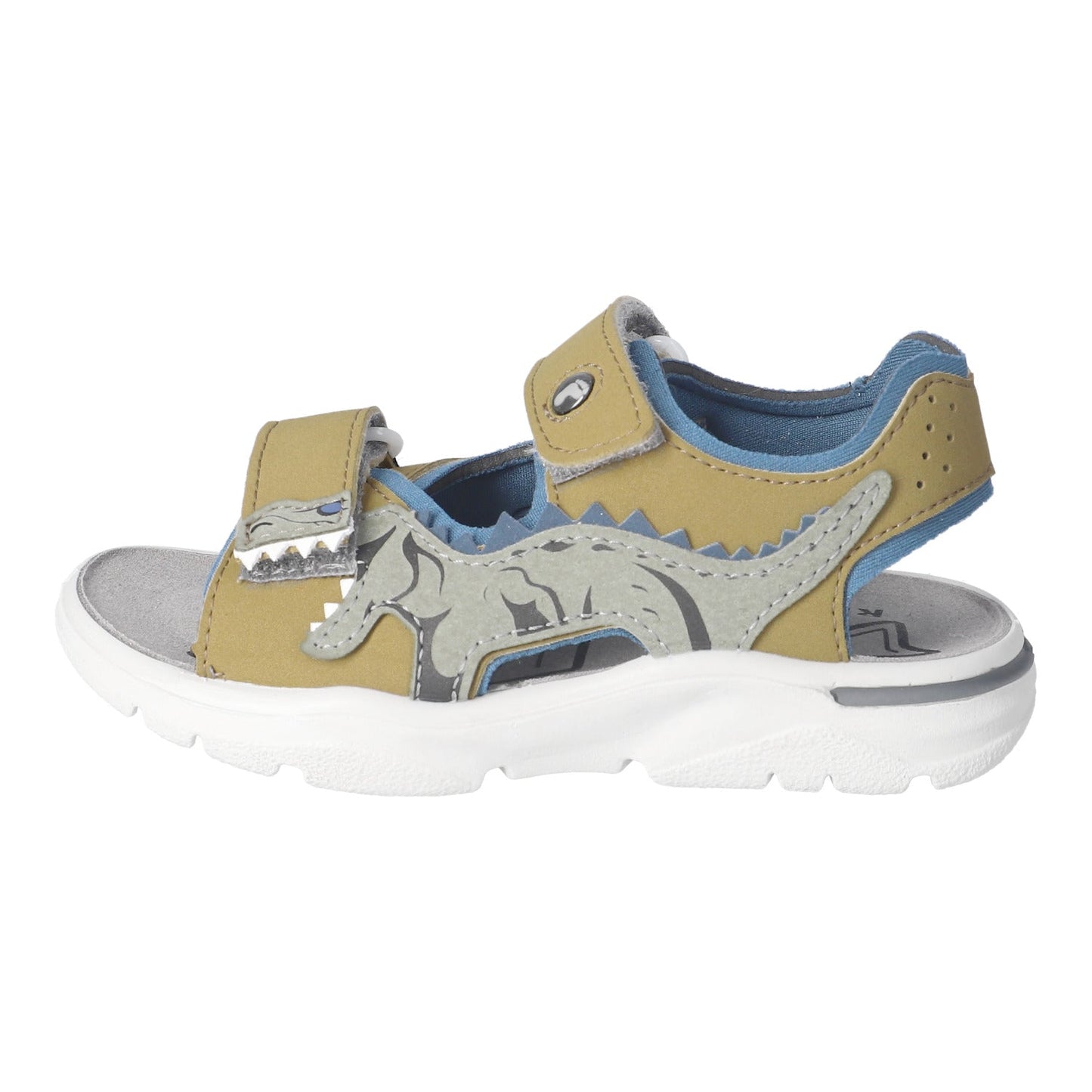 Ricosta Raptor boys’ sandal in Oil/Petrol with dinosaur motif design, Velcro strap and PU sole, stocked at Little BigHeads