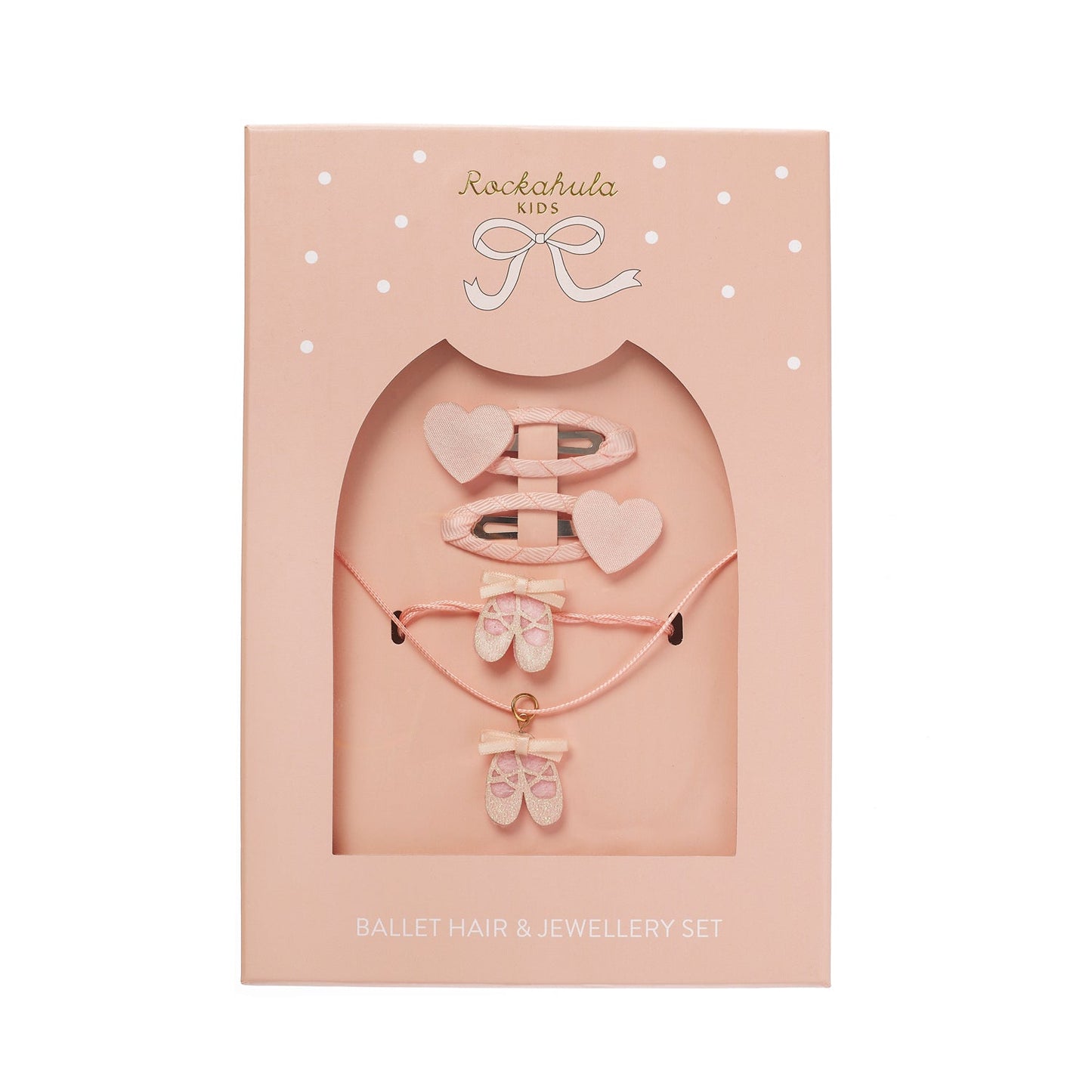 Rockahula ballet hair and jewellery gift set, including 2 heart snap clips, ballet shoe design necklace and bracelet.