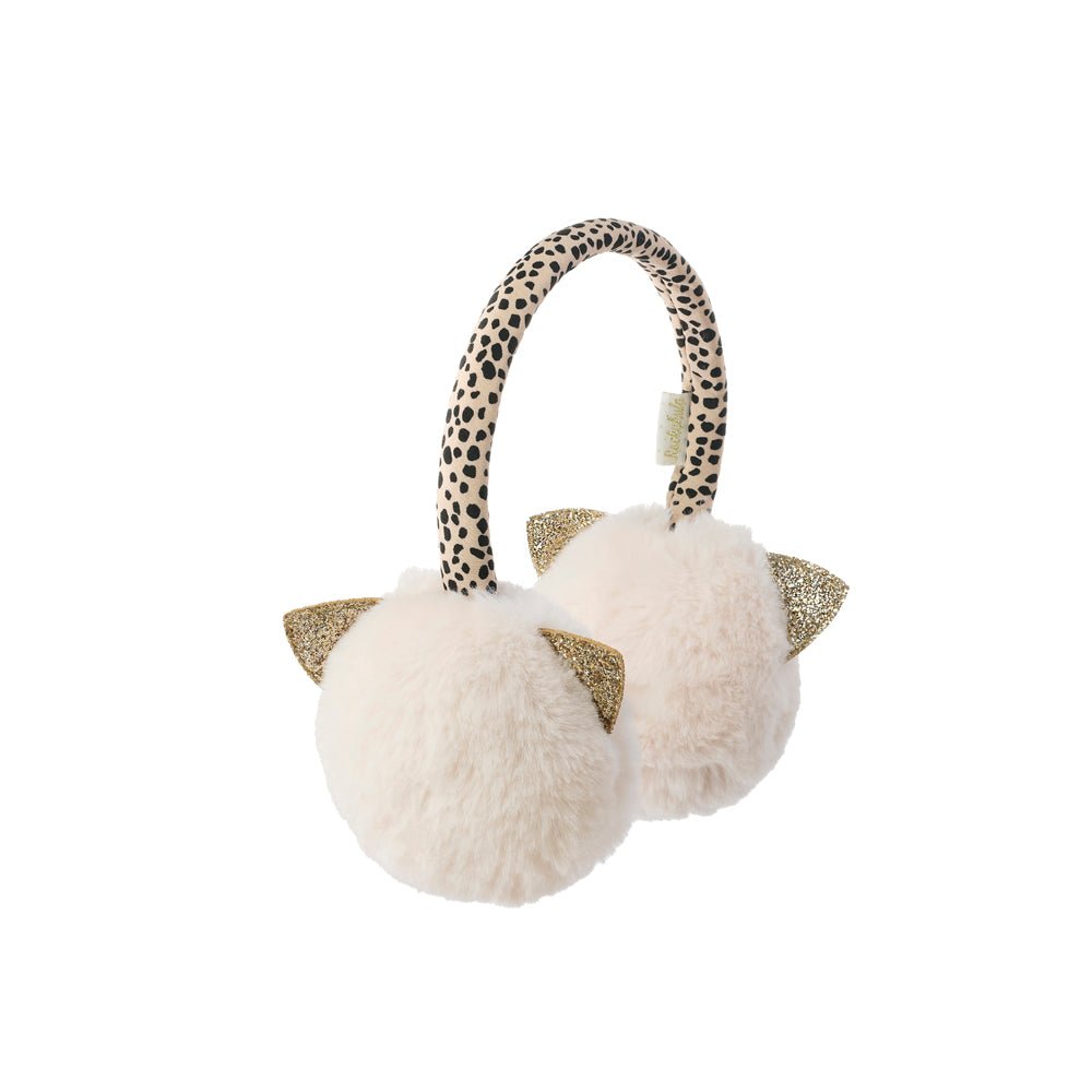 Clara cat earmuffs cream cream ear covers with glitter gold ear detail and leopard print band