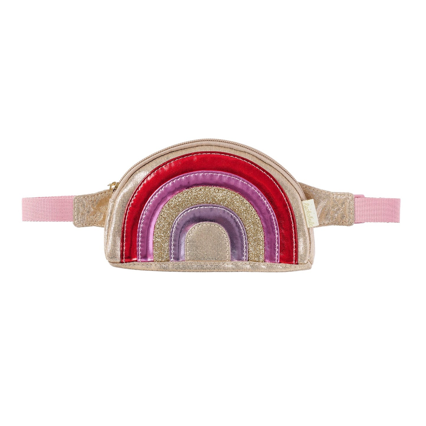 Rainbow-patterned belt bag with pink straps on a white background