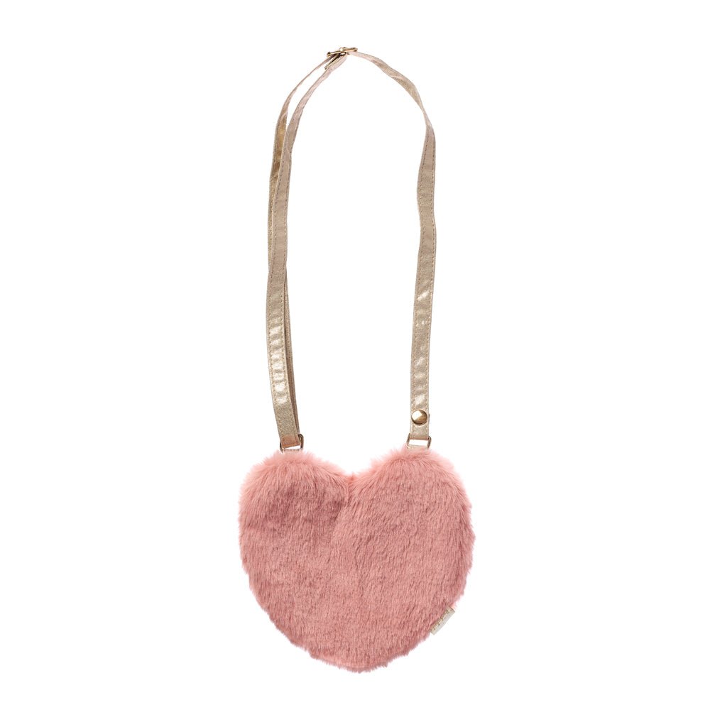 Pink faux fur heart shaped bag with gold adjustable strap
