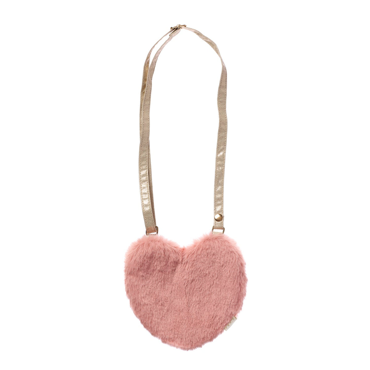 Rockahula Pink fluffy heart-shaped bag with a strap on a white background