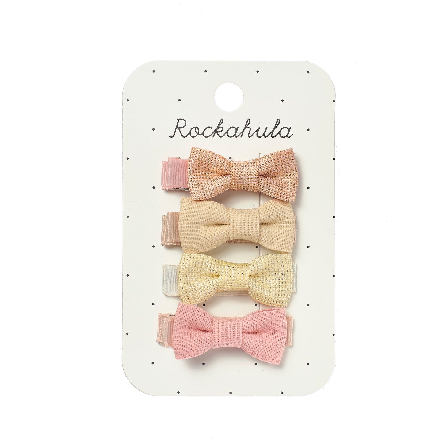 Rockahula branded Set of four pink and beige bow hair clips on a Rockahula branded card.