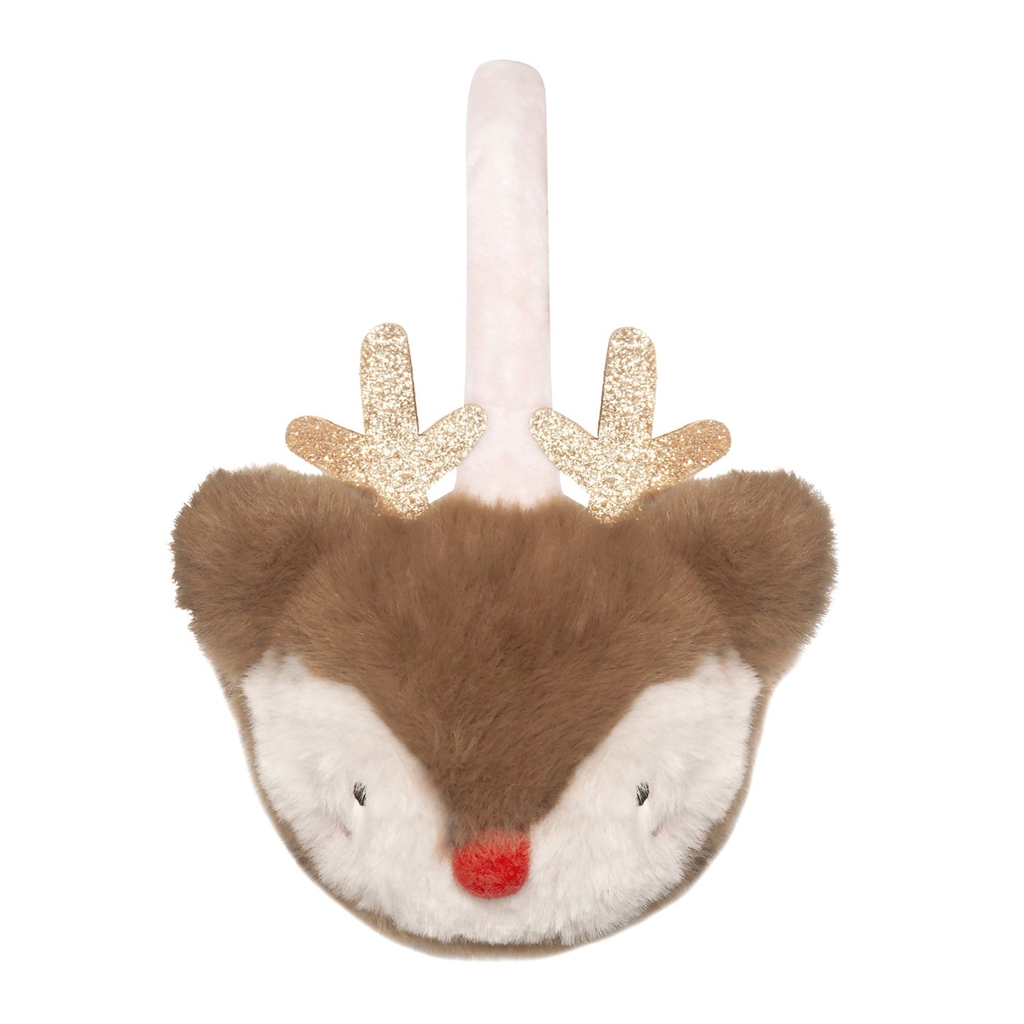 Rockahula Plush Little reindeer head with gold antlers  and red pom pom nose on a white background