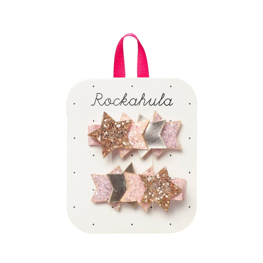 Set of star-shaped hair clips on a Rockahula branded card with a pink handle.