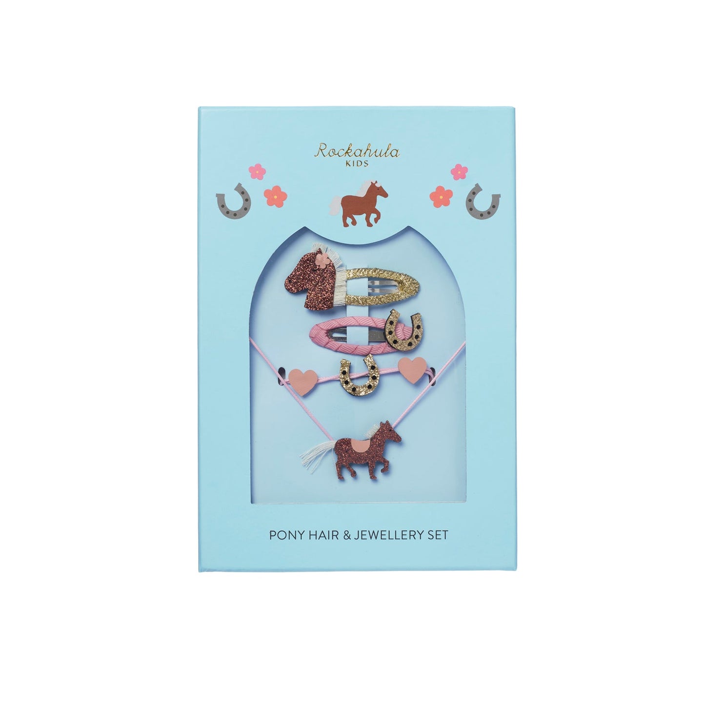 Rockahula Peggy pony hair and jewellery gift set, including two snap hair clips with horseshoe and pony detail, necklace and with glitter pony and bracelet with heart and horseshoe detail.
