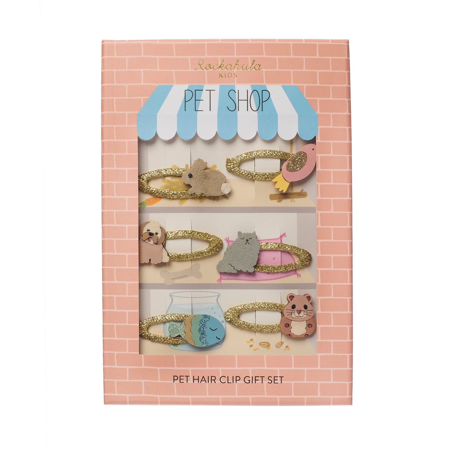 Rockahula Pet hair clip gift set packaging with 'Pet Shop' design on a pink brick background