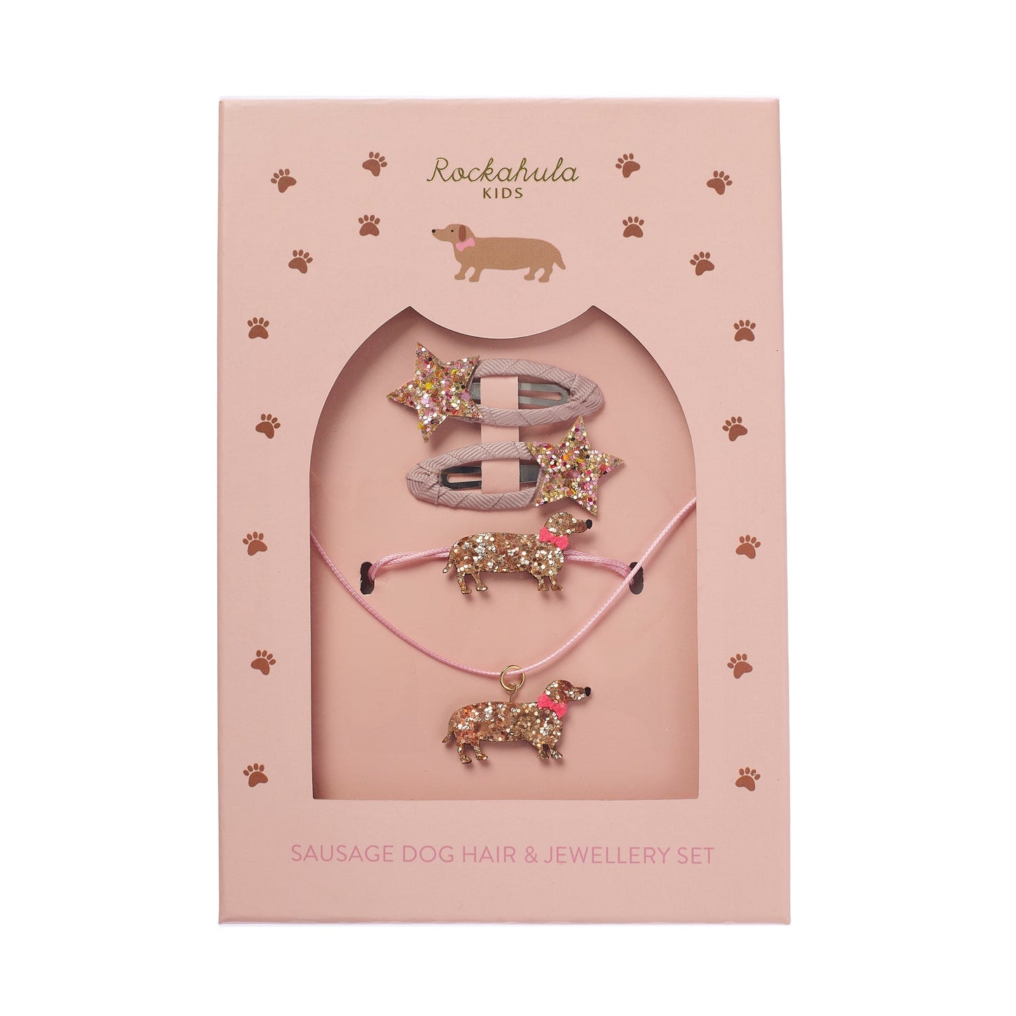 Rockahula sausage dog gift set, complete with glitter star snap clips, glitter sausage dog necklace and bracelet.