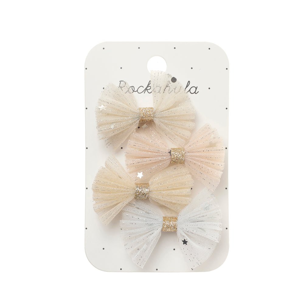 Shimmer tulle bow hair clips. Three beige hair bows with gold accents on a Rockahula branded card.
