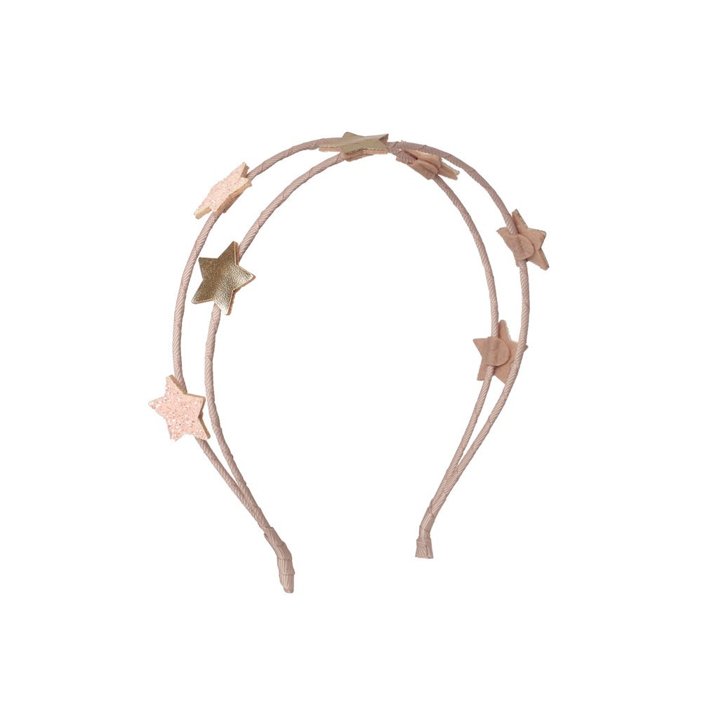 A double-strand headband in a dusty rose pink color, decorated with five metallic rose gold star-shaped accents, shown against a plain white background.