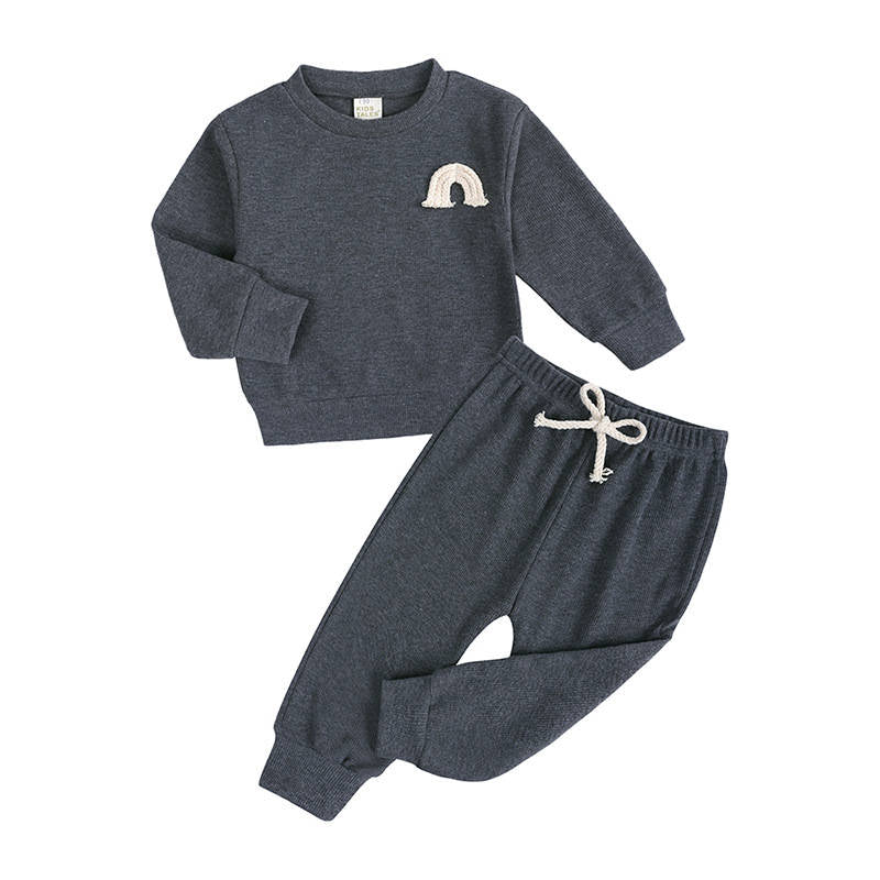 Howkidsss Dark grey, rainbow embroidered, round neck long sleeve top and trouser set