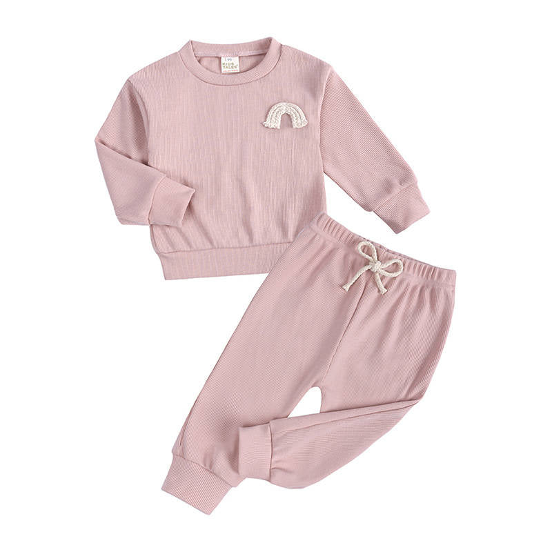 Howkidsss Pink, rainbow embroidered, round neck long sleeve top and trouser set