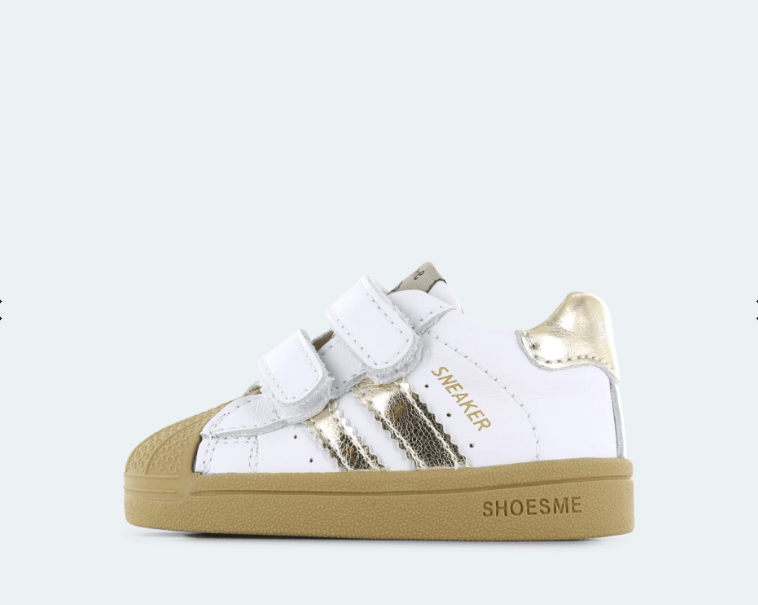 
                  
                    Shoesme | Baby bump nose sneaker | White & Gold - Little Bigheads
                  
                