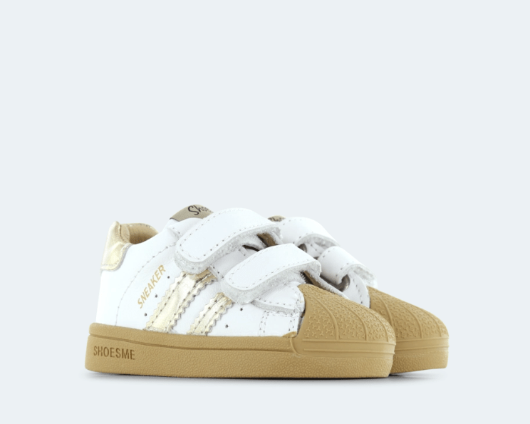 
                  
                    Shoesme | Baby bump nose sneaker | White & Gold - Little Bigheads
                  
                